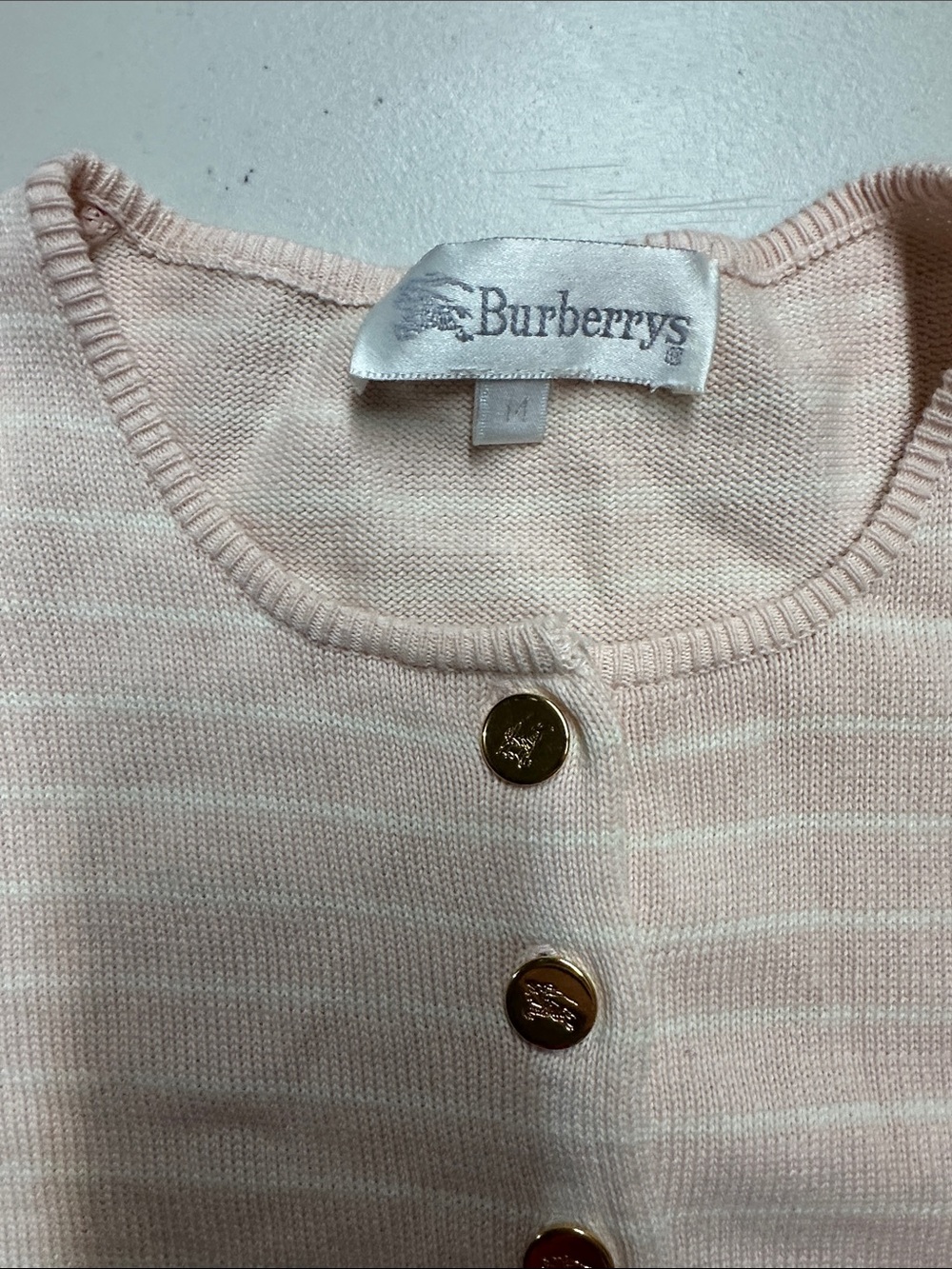 Burberry Soft Pink Striped Gold-Button Cardigan